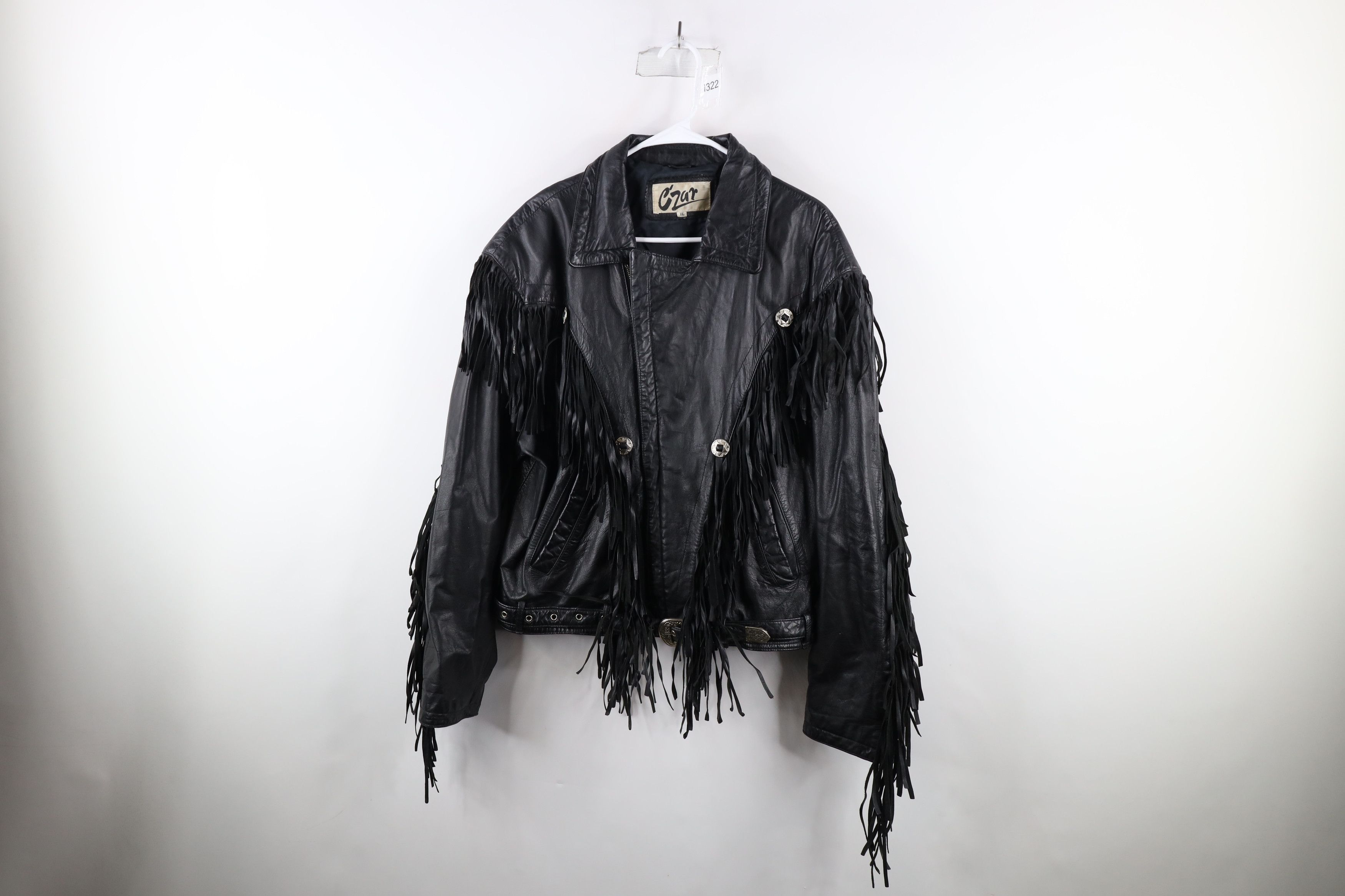 image of Vintage 90's Streetwear Belted Leather Fringed Jacket Black, Women's (Size XL)