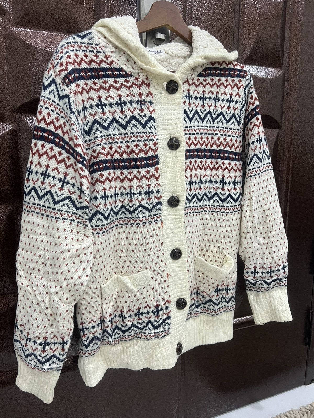 Japanese Brand COLZA Fair Isle Nordic Snowflake Button Up Sweater with Hood Size US M / EU 48-50 / 2 - 3 Thumbnail
