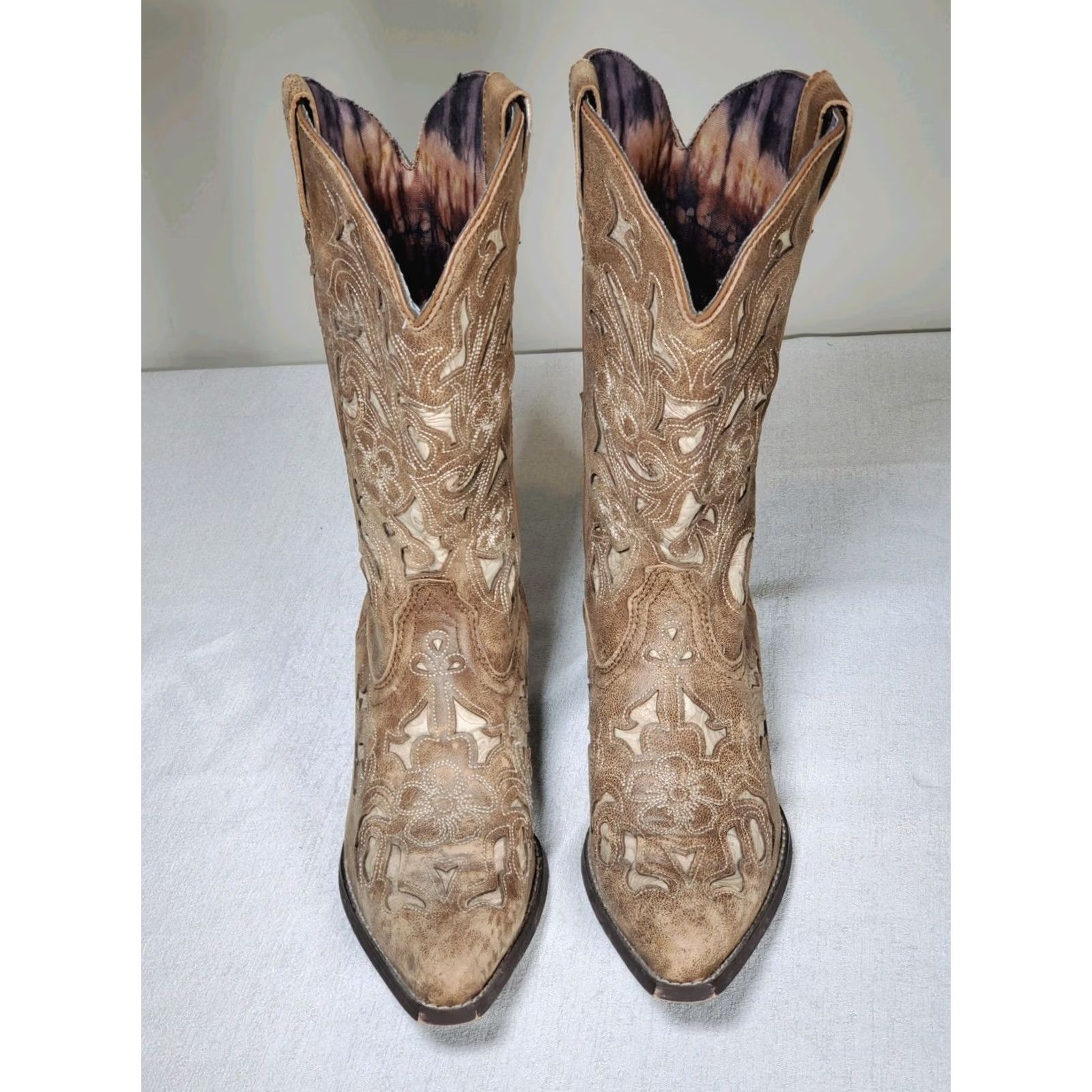 Vintage Laredo Sharona Tan Crackle Sanded Goat Boots Bone Underlay Floral Embroidery 52041 Women's US 10 M Size US 10 / IT 40 - 7 Thumbnail