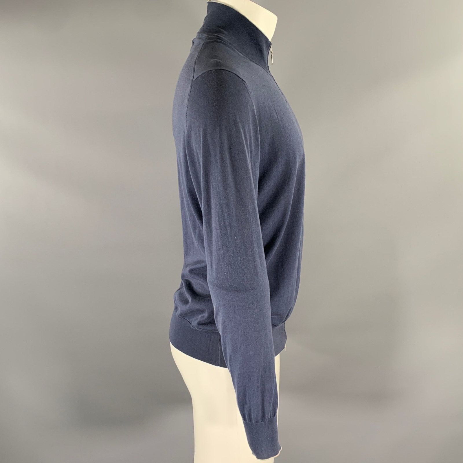 Brunello Cucinelli BRUNELLO CUCINELLI Navy Grey Cotton Zip Mock Neck Sweater Size US L / EU 52-54 / 3 - 3 Thumbnail