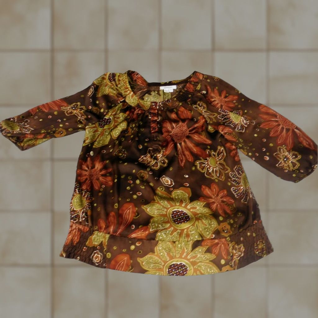 Vintage Dressbarn Womens Blouse Small Brown Floral 3/4 Sleeve Pullover Casual Ry Rayon Polyester Collared Ruffle Basic Classic Womens Regular Store Top Size S / US 4 / IT 40 - 1 Thumbnail