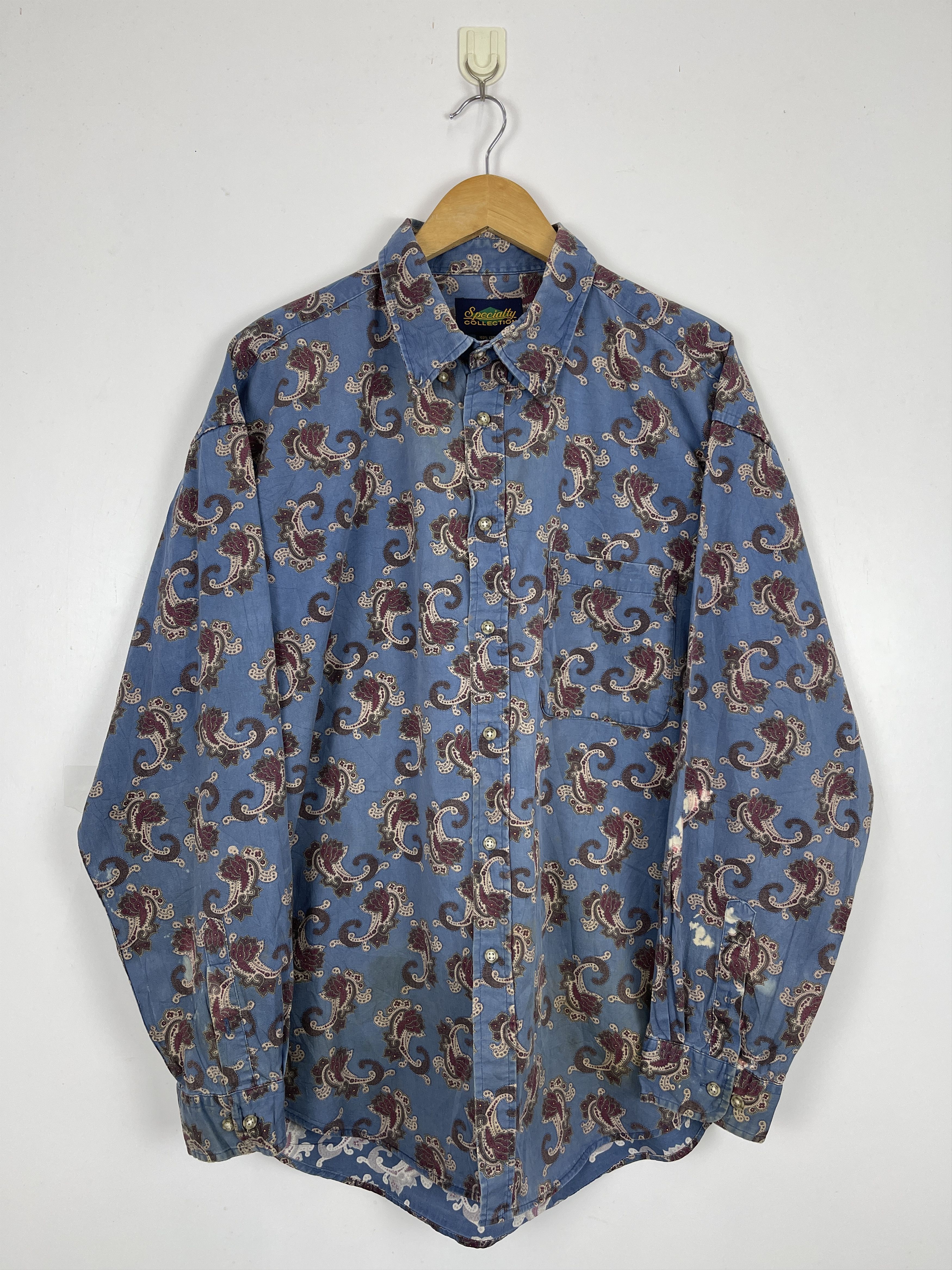 image of Vintage Paisley Flower Design Button Up Shirt in Blue, Men's (Size XL)