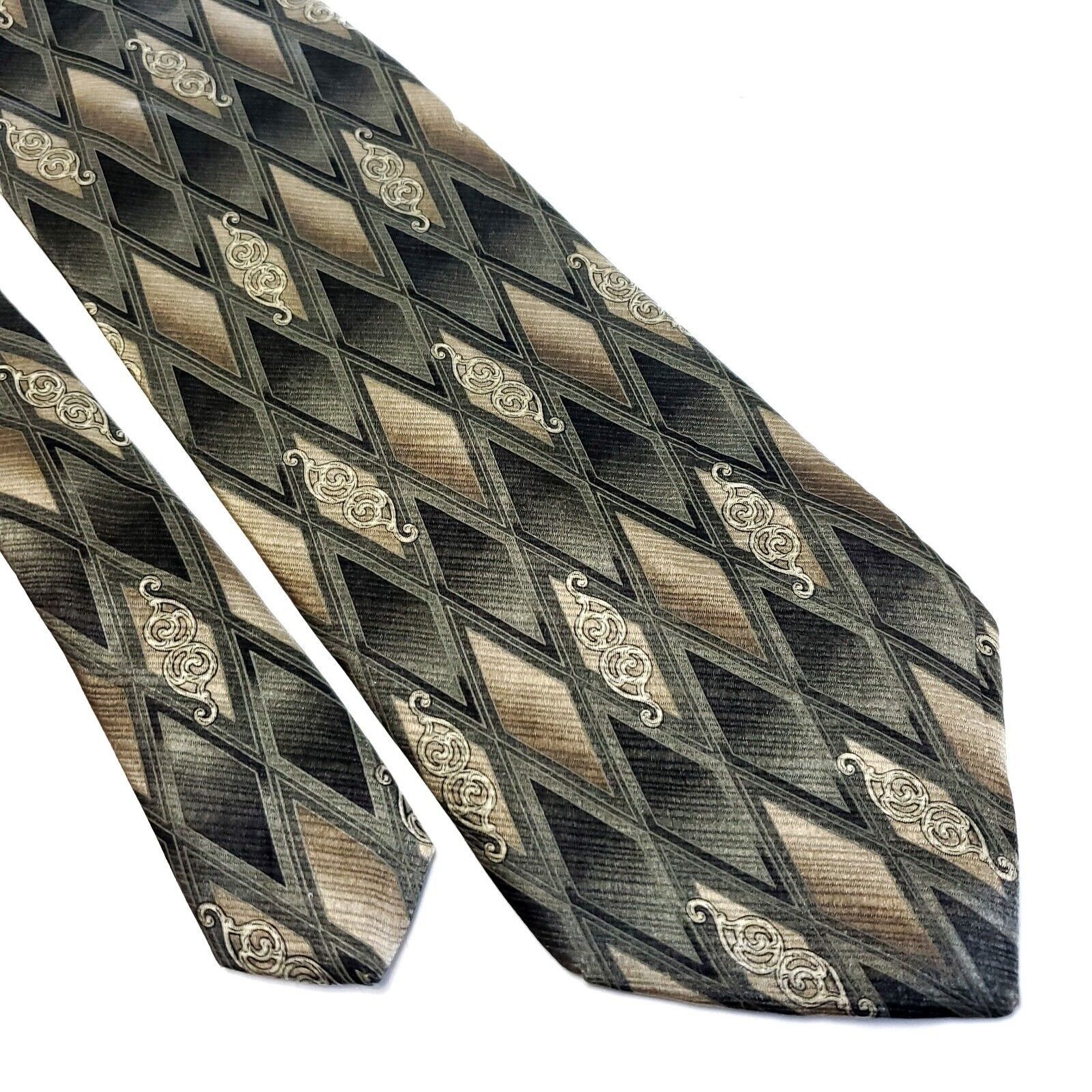 Puritan Puritan Green Tan Abstract Geometric Print Wide Silk Tie Size ONE SIZE - 1 Thumbnail