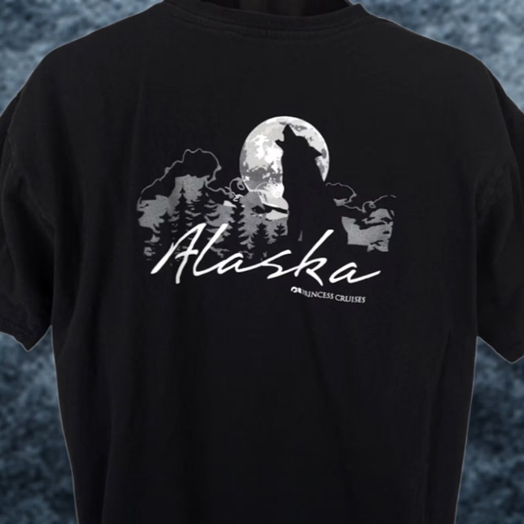 Prince Princess Alaska T Shirt Mens Large Black Wolf Howling Graphic Tee Travel Cruise Souvenir 2010s Mens Size US L / EU 52-54 / 3 - 1 Thumbnail