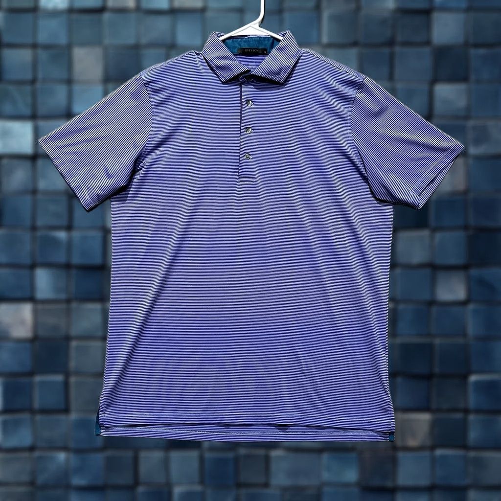 Vintage Greyson Shirt Mens Large Purple Striped Golf Polo Performance Wolf Logo Stretch Size US M / EU 48-50 / 2 - 1 Thumbnail