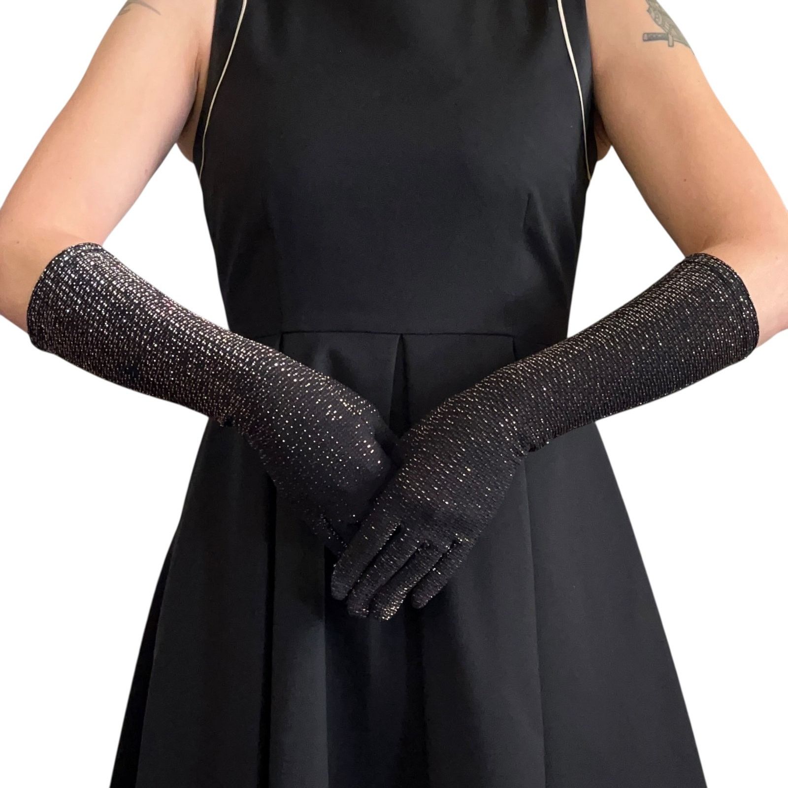 Vintage Vintage Sparkling Silver Black Long Forearm Gloves - Size S Size ONE SIZE - 2 Thumbnail