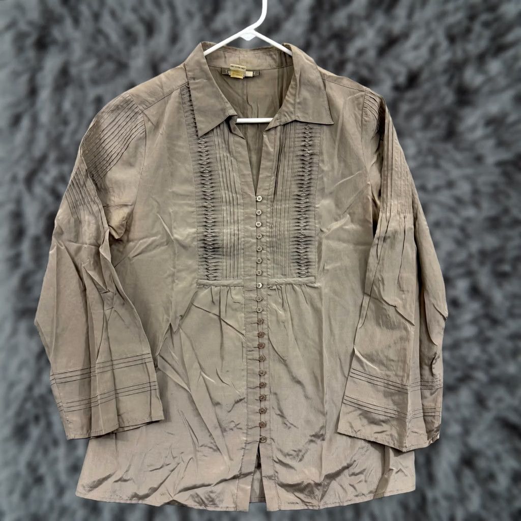 Vintage VINTAGE Isabella Bird Shirt Women Medium Pleated Button Up Tunic Top Silk Blend Brown Long Sleeve Flared Sleeve Size M / US 6-8 / IT 42-44 - 1 Thumbnail