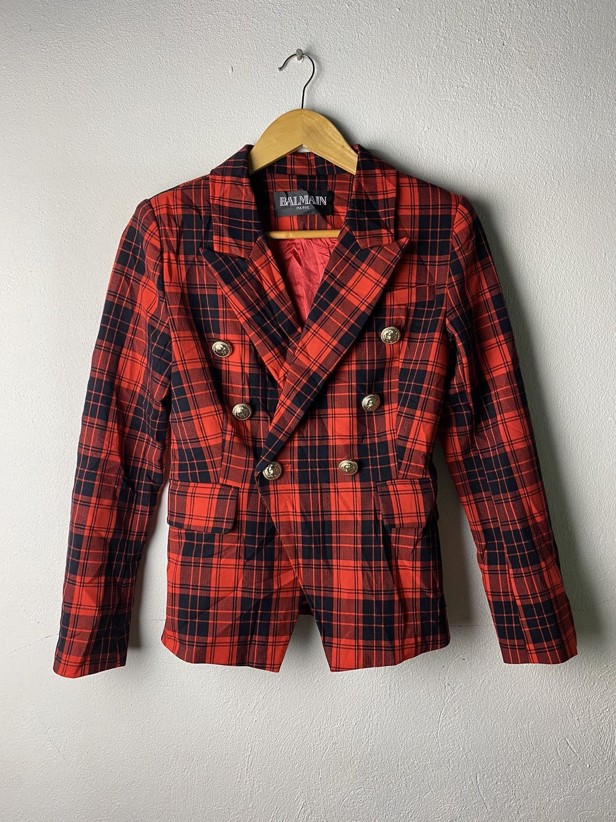 image of Balmain - Double Breasted Tartan Blazer in Red Tartan, Women's (Size Small)