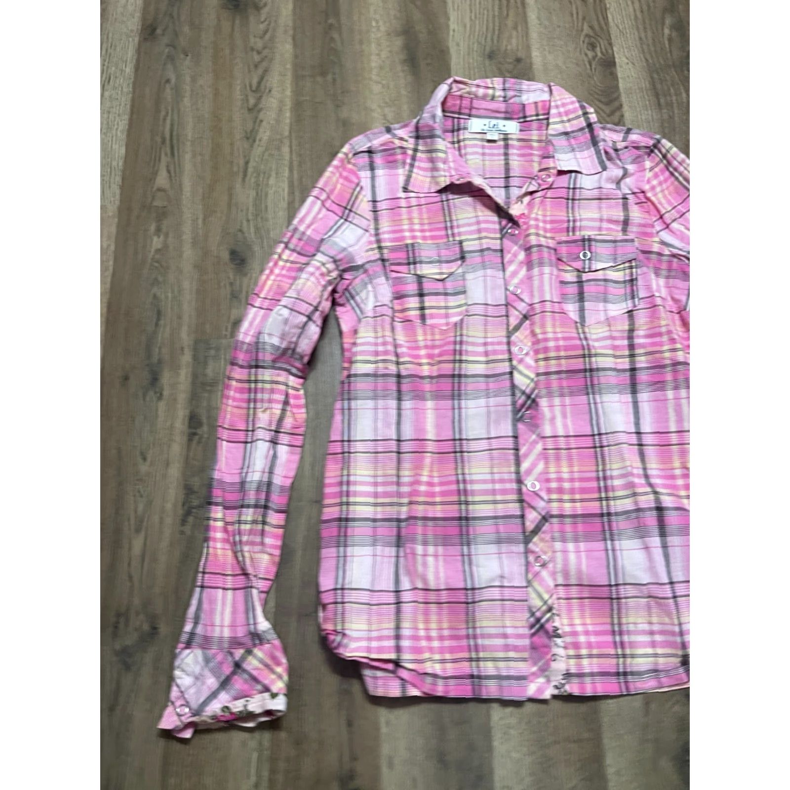 Vintage LEI Shirt Women's L Plaid Long Sleeve Button Up Black Pink Yellow White Casual Modern Collar/ button-Up 100% Size L / US 10 / IT 46 - 3 Thumbnail
