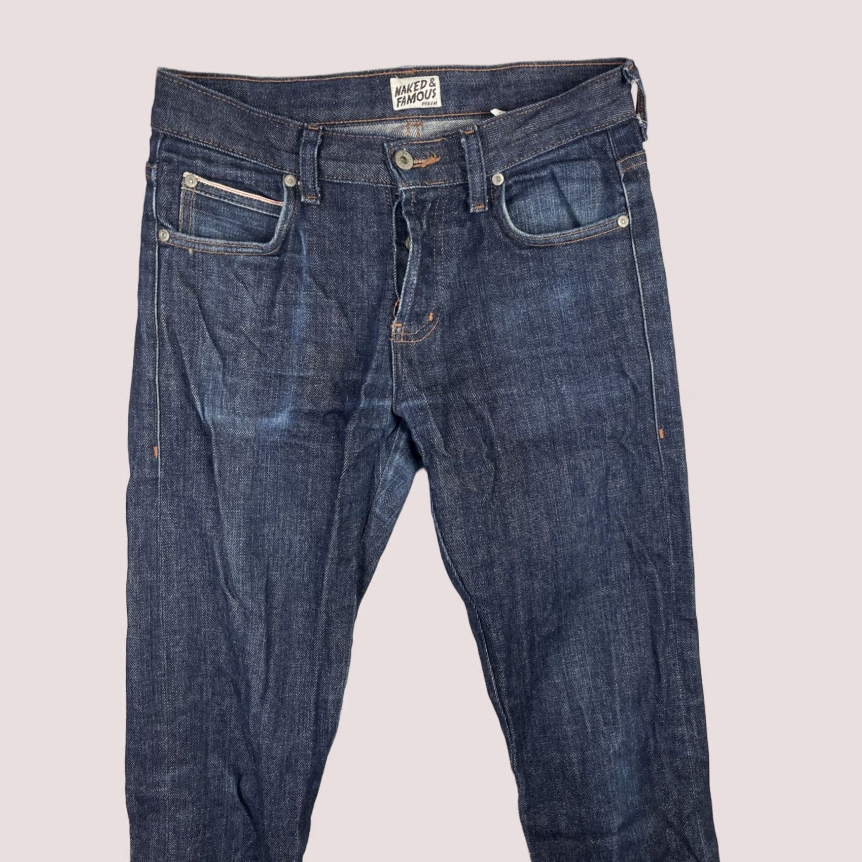 Vintage Naked & Famous Jeans Mens 30 Fits 29x34 Super Skinny Stretch Selvedge Indigo Denim Jeans Slim Men 5-Pocket Logo Button Size US 29 - 1 Thumbnail