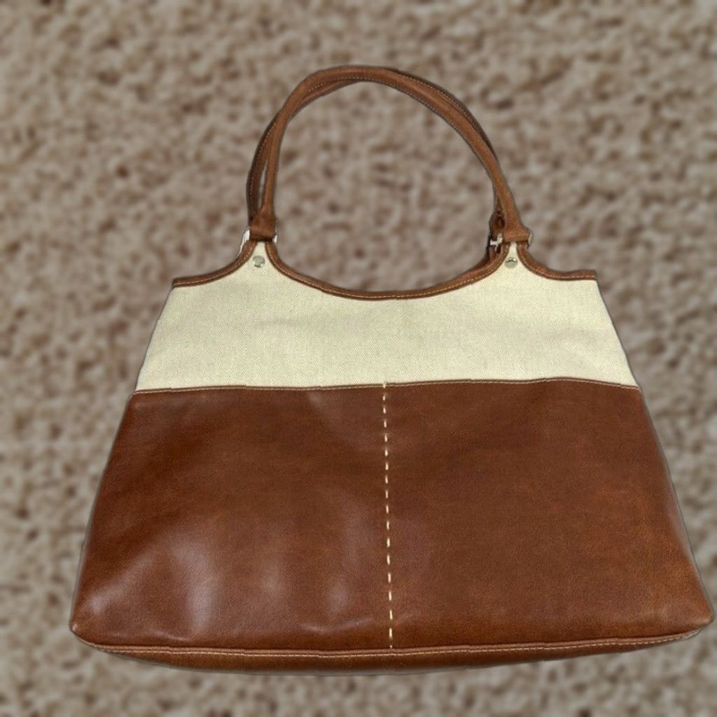 Liz Claiborne Leather Satchel Purse Medium Brown Cream Faux Leather Classic Hawaiian Womens Handbag in White