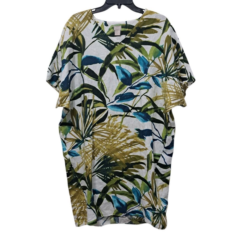 Chicos Chico's Linen Palm Print Tunic Wedge Short Dress Multi- Colo Size L / US 10 / IT 46 - 4 Thumbnail