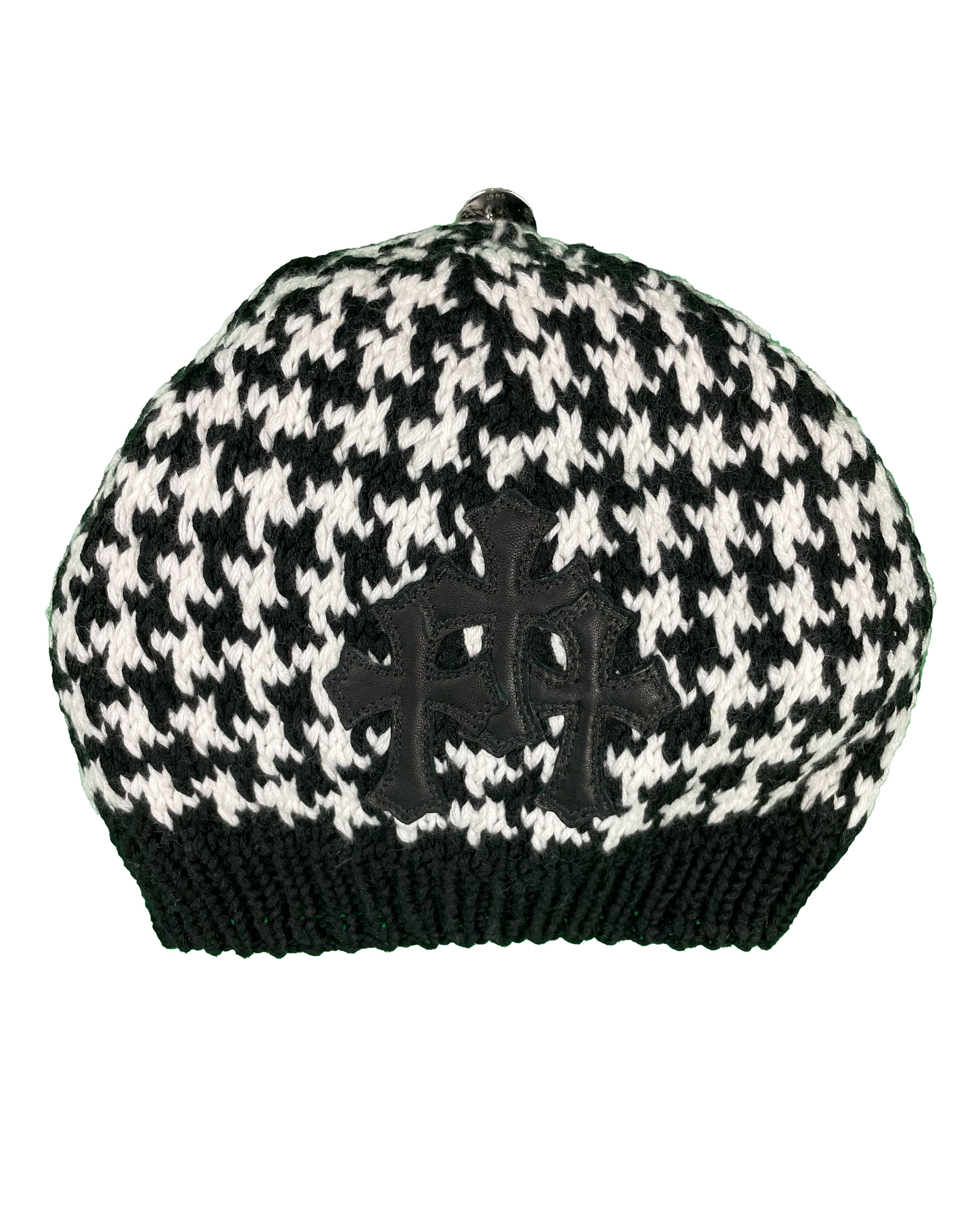 image of Chrome Hearts Vip Houndstooth Knit Cross Patch Cashmere Beanie Hat 2023 in Black/White, Men's