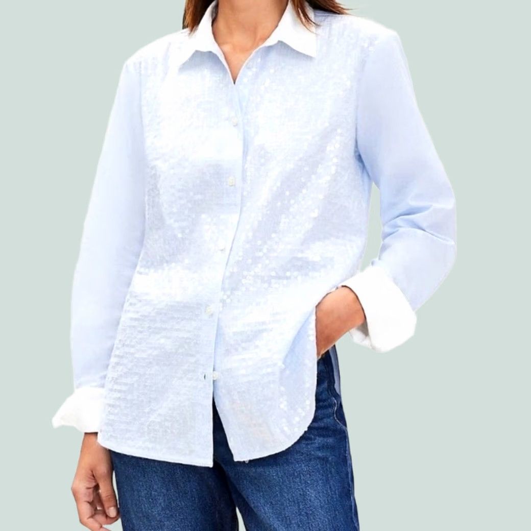 Ann Taylor LOFT Women’s Light Blue Button Down Shirt Clear Sequins Size S Long Sleeves Shirt Womens Party/Cocktail Formal Blue Size S / US 4 / IT 40 - 1 Thumbnail