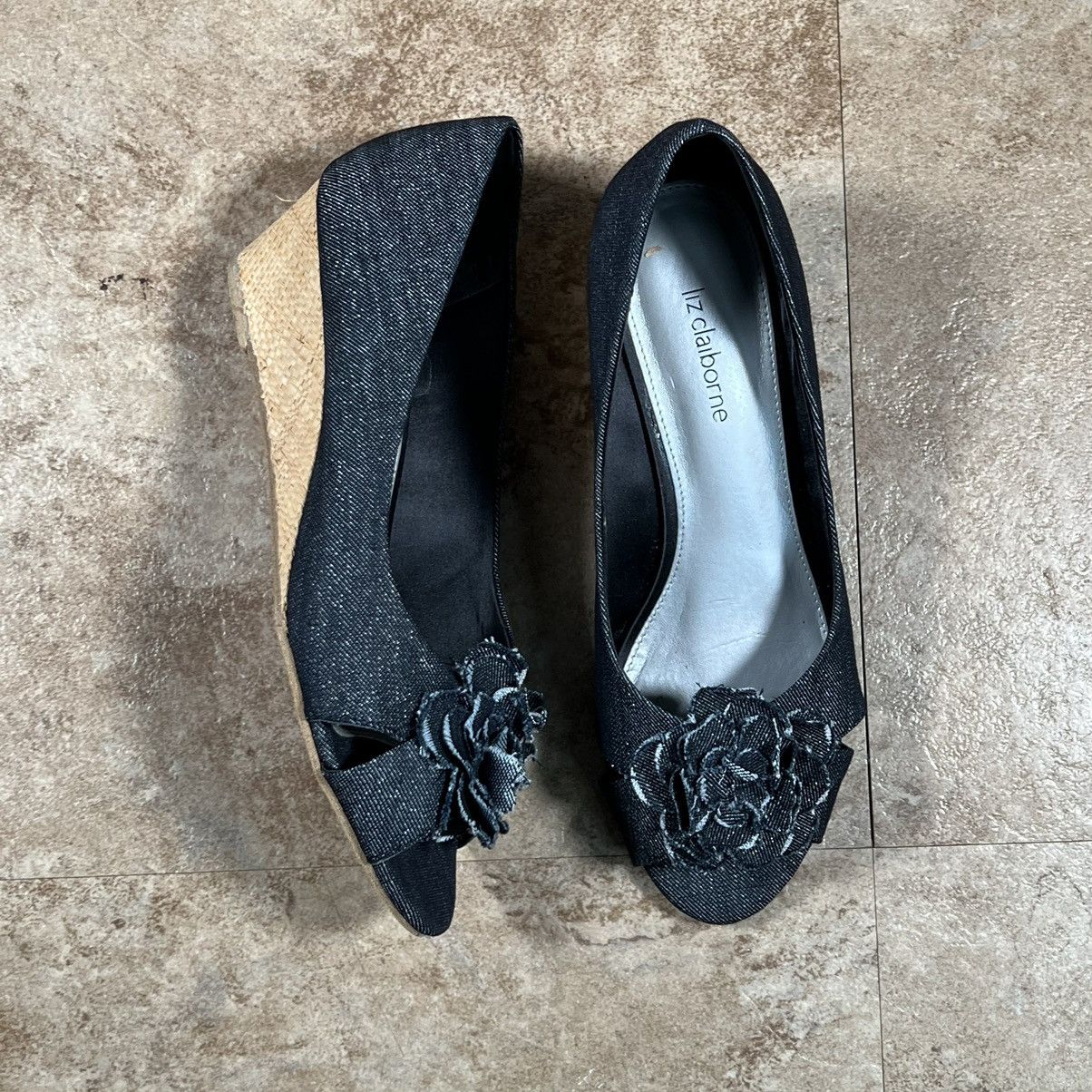Other Liz Claiborne Denim Blue Wedges Flower Peep Toe Casual Heel Size US 8 / IT 38 - 1 Thumbnail