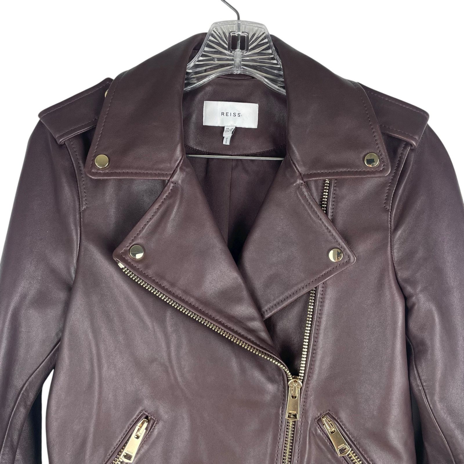 Reiss Leiya Lamb Leather Moto Jacket In Berry Red Size 4