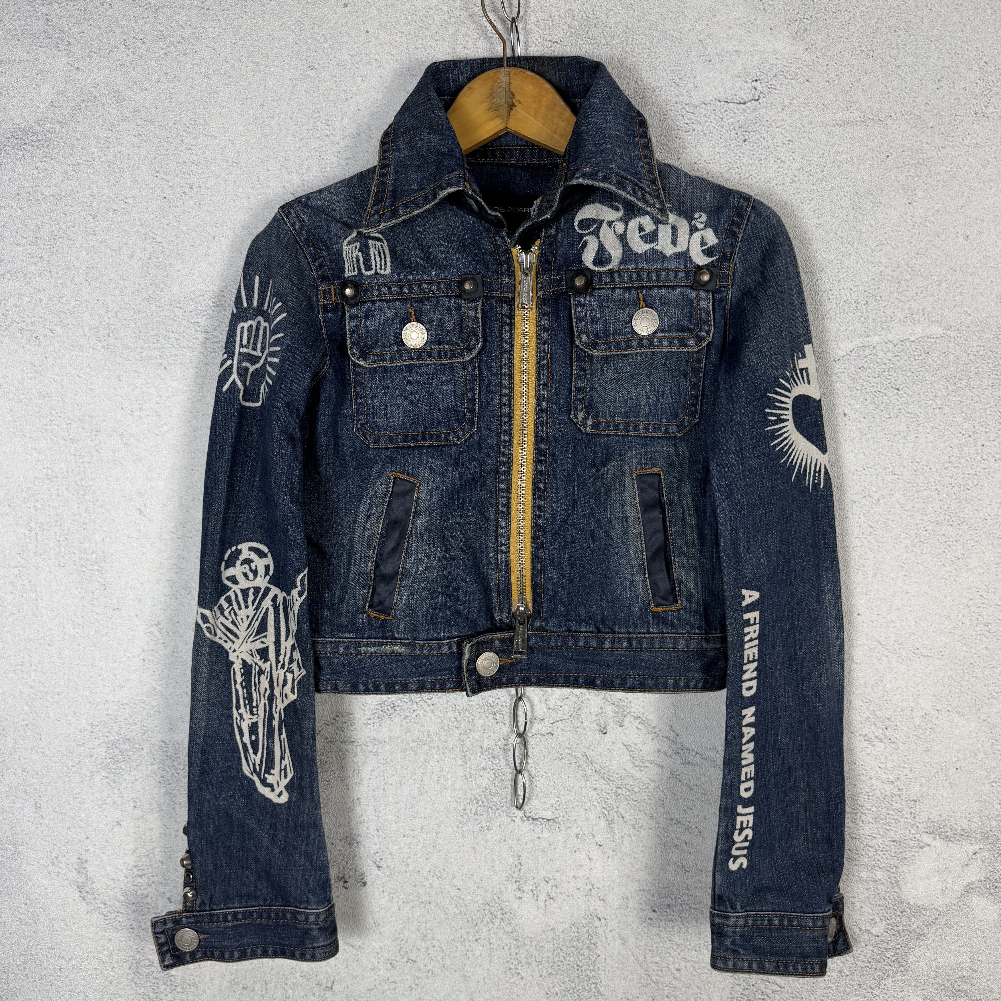Dsquared2 Dsquared2 FW2005 Jesus Lord Peace Cropped Denim Jacket Size S / US 4 / IT 40 - 8 Thumbnail