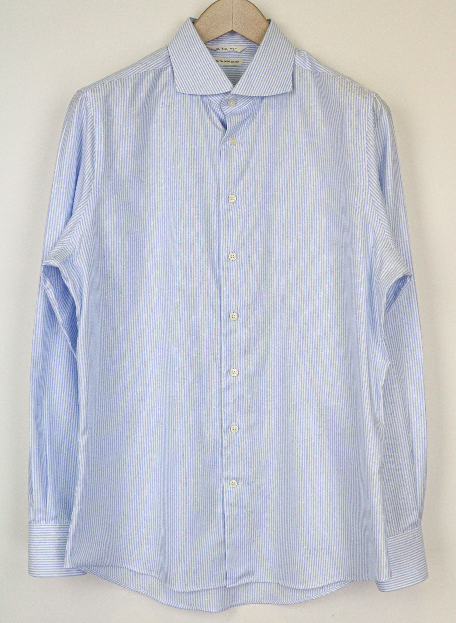 Suitsupply 42/16 1/2 Extra Slim Blue Cotton Striped Shirt 77023 Size 42R - 1 Thumbnail