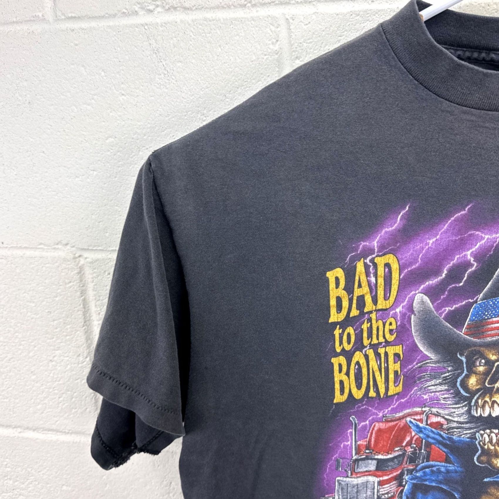 Vintage VINTAGE 3D Emblem Bad To The Bone Truckers Only T Shirt Harley Davidson XL Black Mens/Unisex Graphic Tee 1990s Size US XL / EU 56 / 4 - 6 Thumbnail