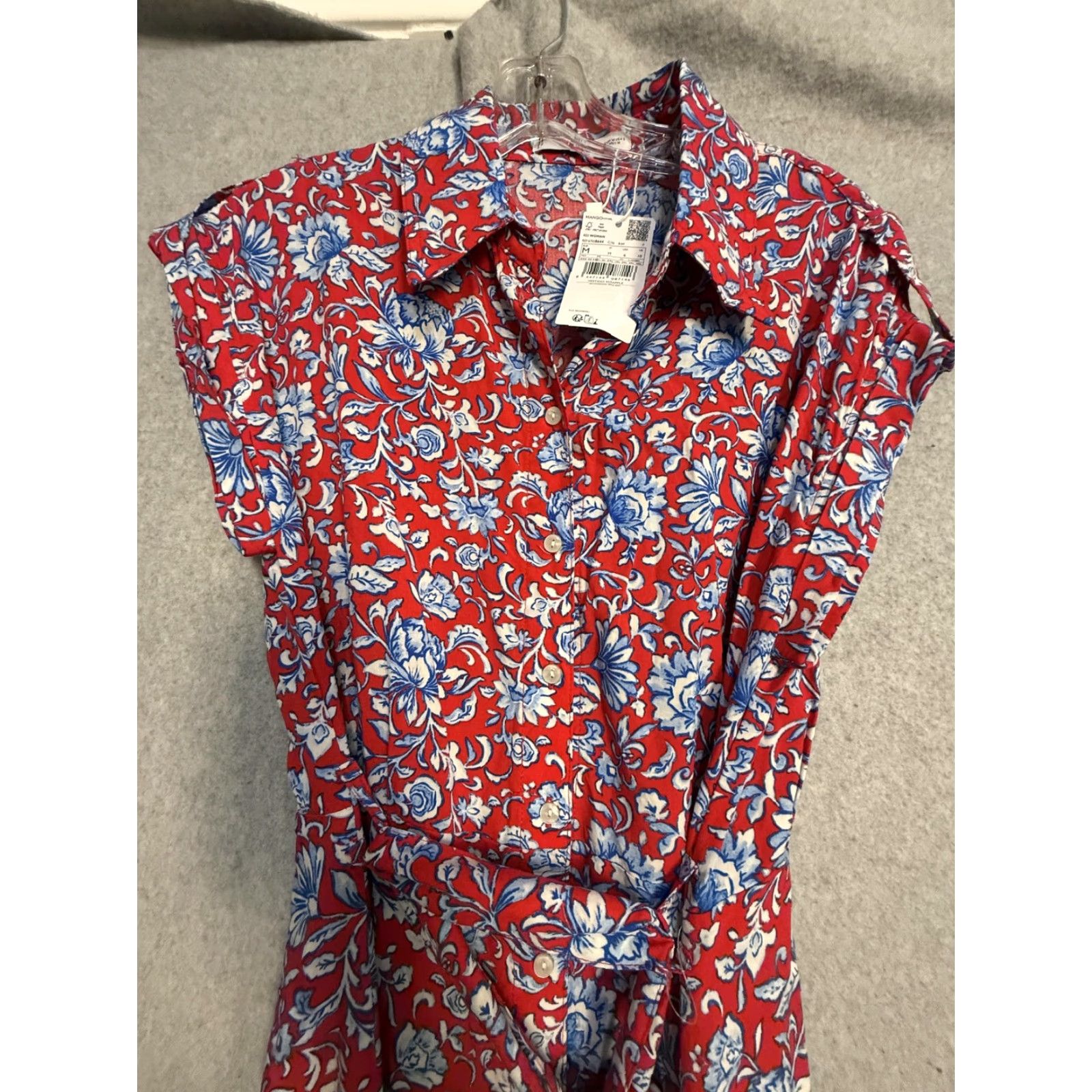 Mango Mango Shirt Dress Womens Medium Red Floral Collared Belted Fit & Flare Midi Shirt Dress Size M / US 6-8 / IT 42-44 - 6 Thumbnail