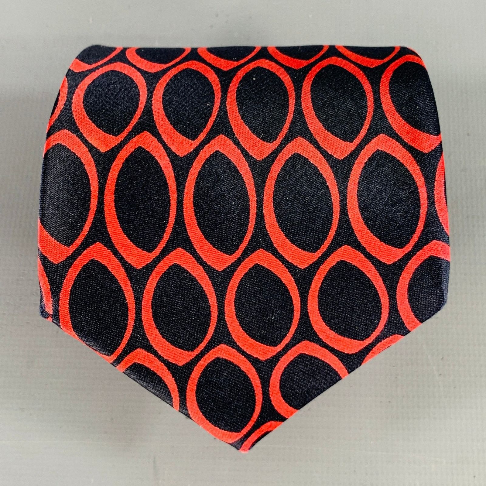 LANVIN Navy Red Circles Satin Tie