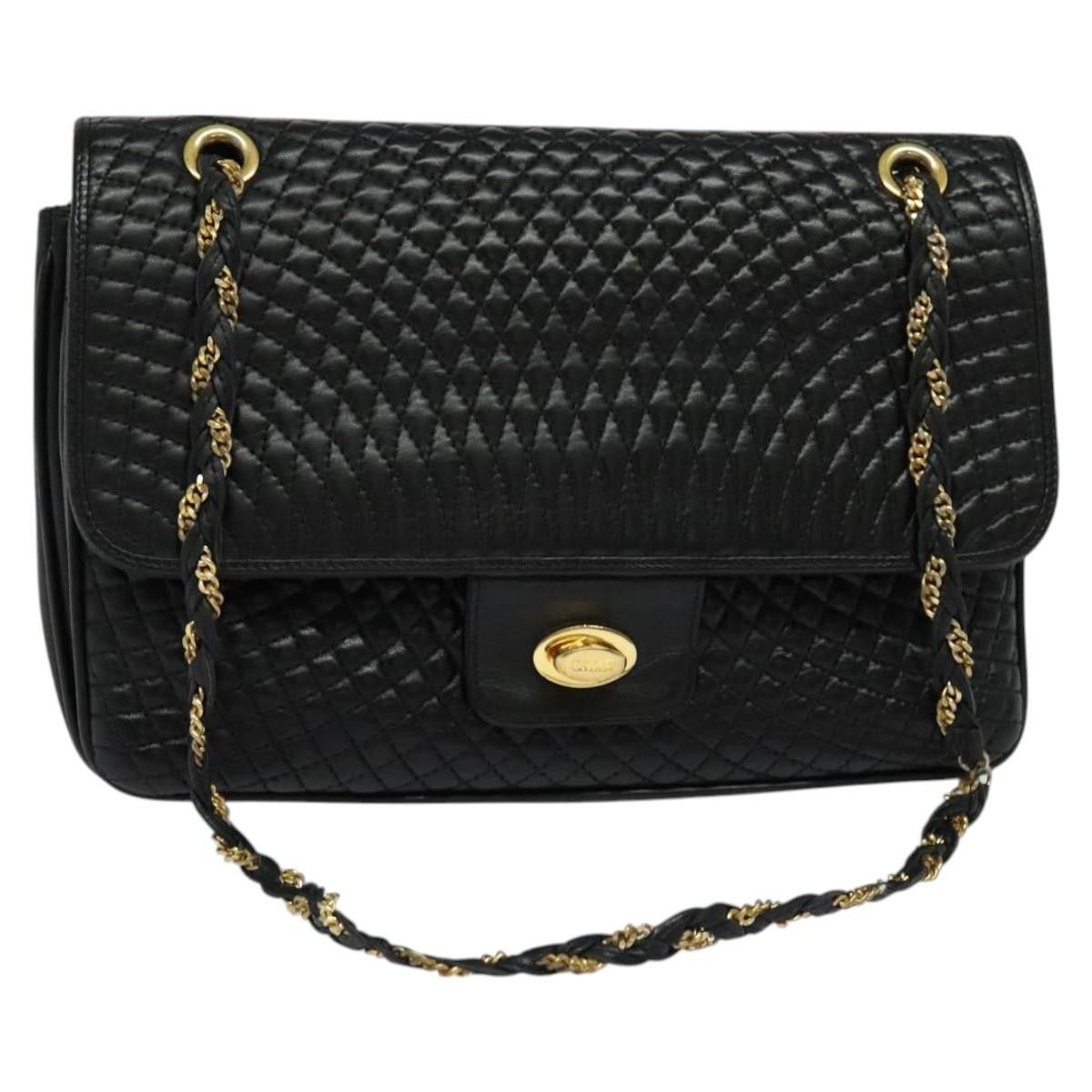 Bally Quilted Chain Shoulder Bag Leather Black Gold Auth Kk478, Women's