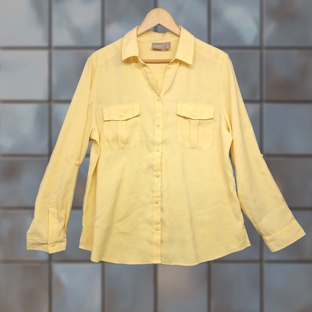 Vintage Chico'S Womens Size 2 US Large Yellow Button Front Blouse Long Sleeve Shirt Size L / US 10 / IT 46 - 1 Thumbnail
