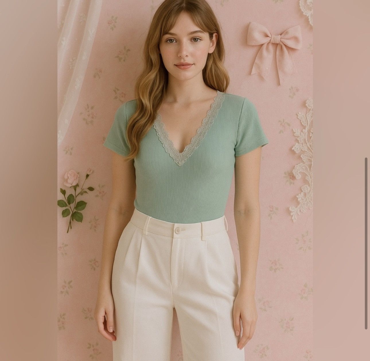 Forever 21 Forever 21 LaceTrim Ribbed V-Neck Bodysuit Sage Green Size L Size L / US 10 / IT 46 - 2 Thumbnail