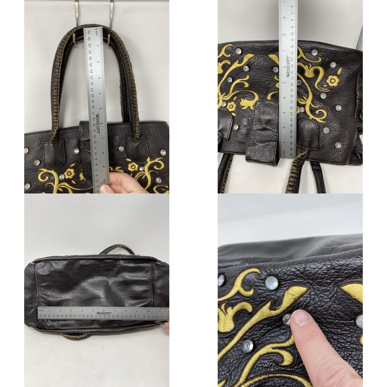 Vintage VINTAGE CHI by Falchi Leather Embroidered Satchel Bag Gold Scroll Crystal Studded Y2K Size ONE SIZE - 9 Thumbnail