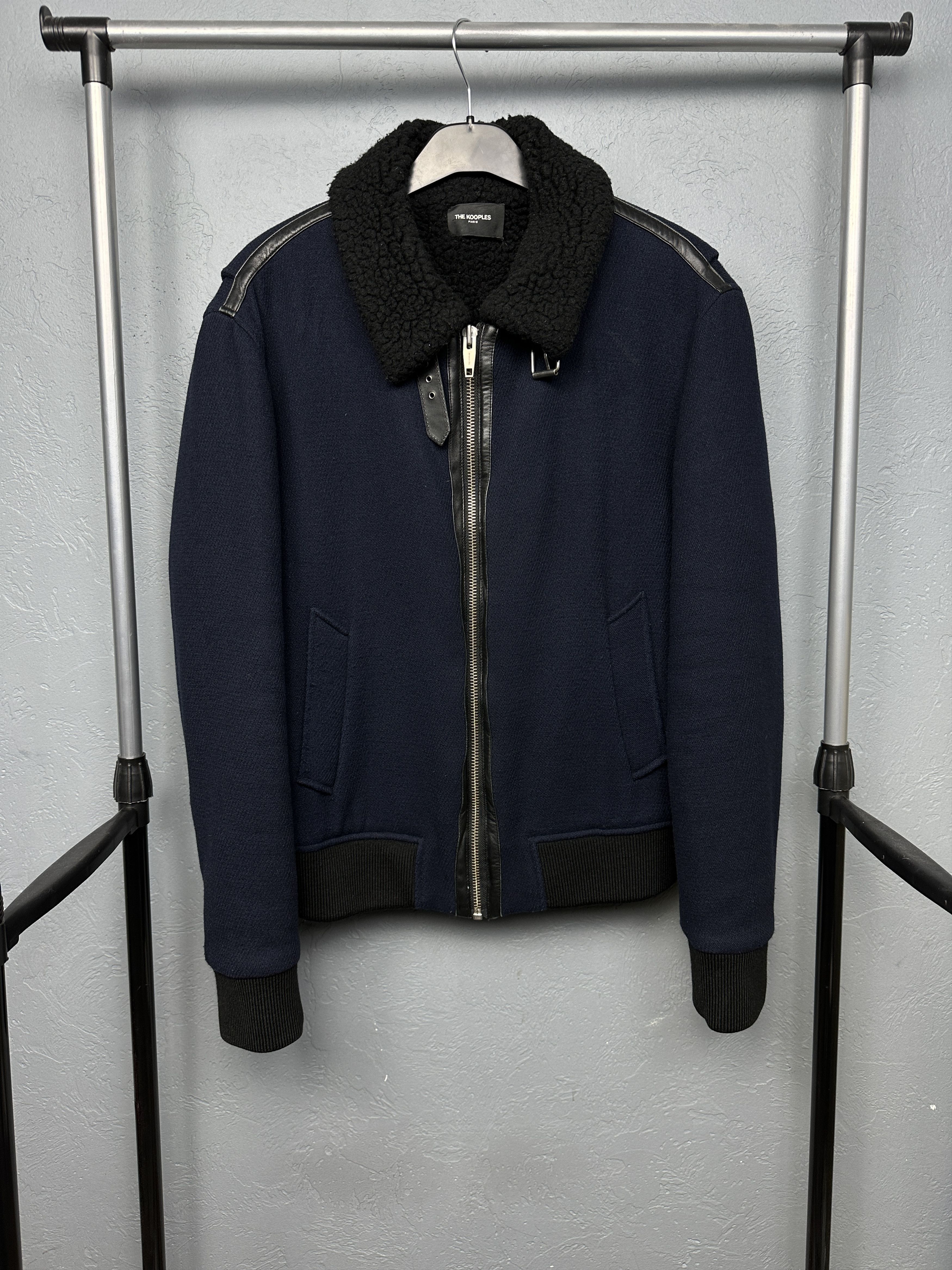 The Kooples Navy Wool Bomber Jacket Leather Trim Fur Collar