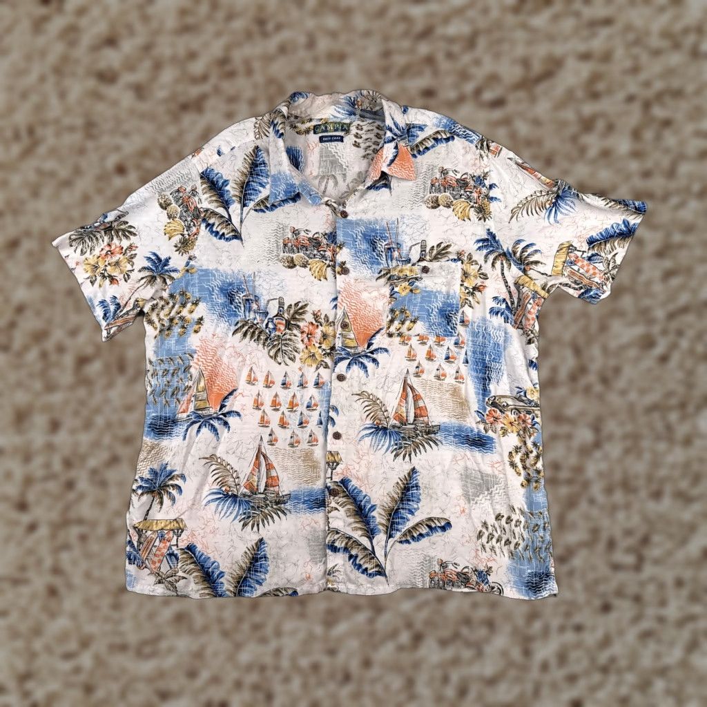 Vintage Campia Shirt Adult 2XL White Sailboat Classic Cars 100% Rayon Hawaiian Campia Moda Men Button-Up Short Sleeve Floral Casual Shirt Size US XXL / EU 58 / 5 - 1 Thumbnail