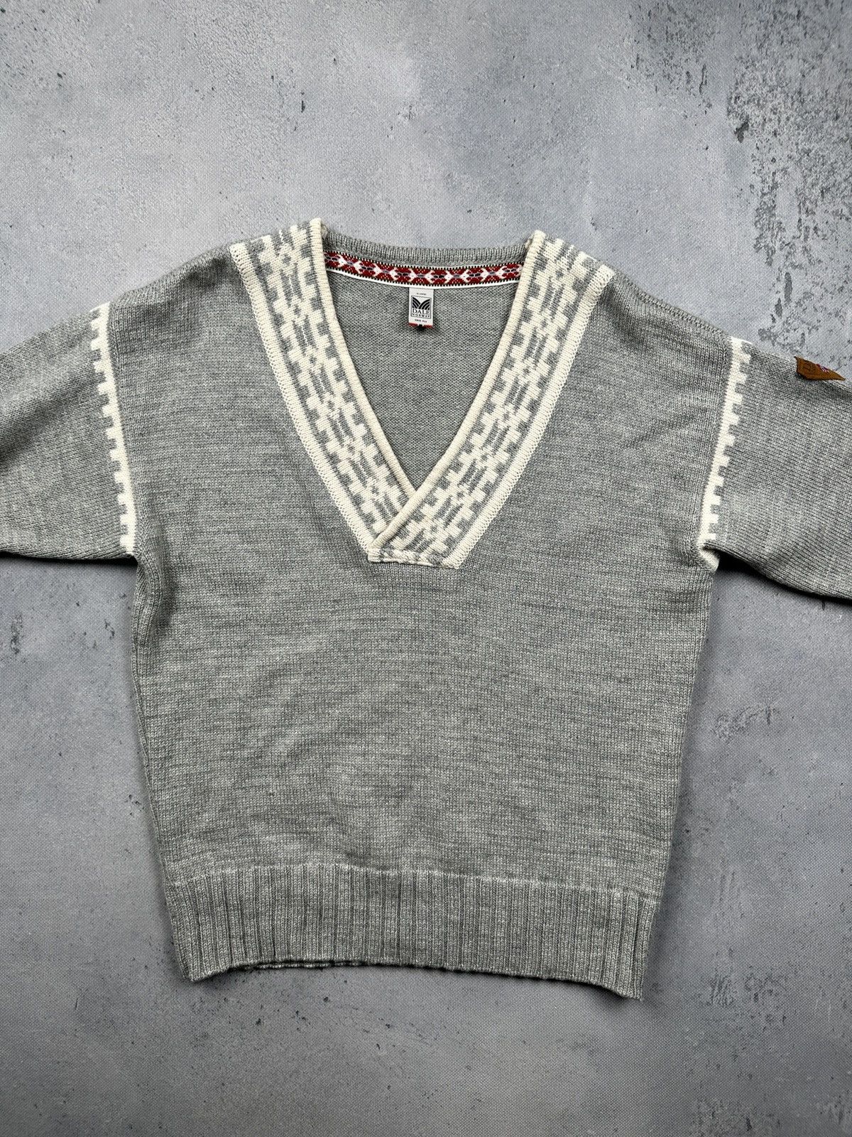 Dale Of Norway Grey Wool V Neck Nordic Pattern Knit Sweater