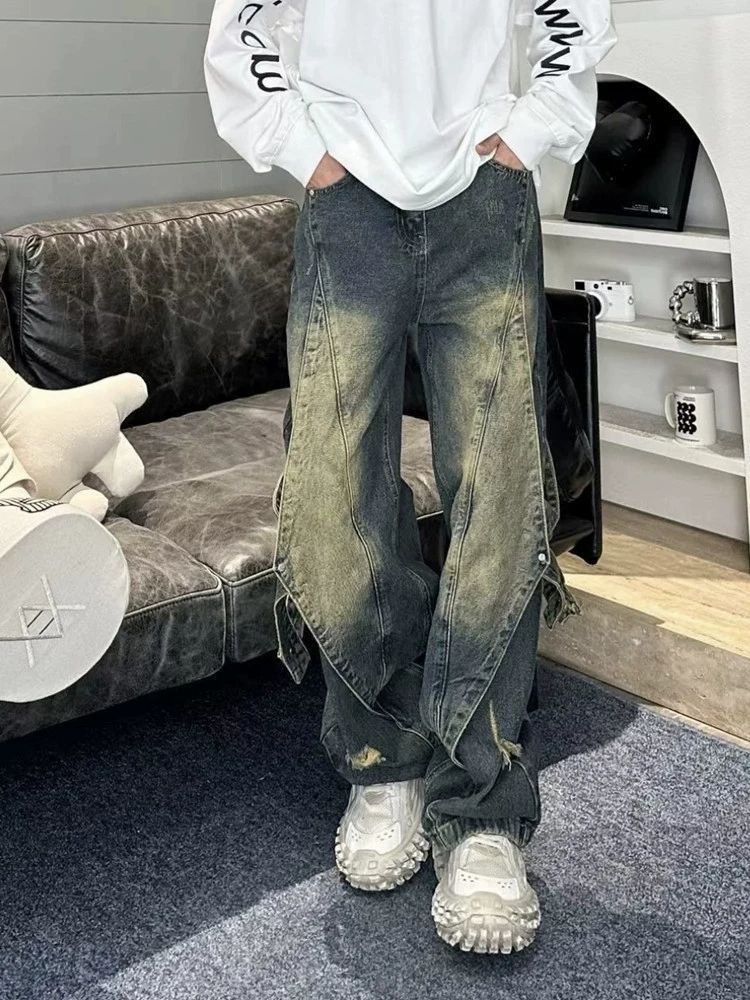 Japanese Brand American retro distressed men's patchwork straight leg jeans Size US 32 / EU 48 - 1 Thumbnail