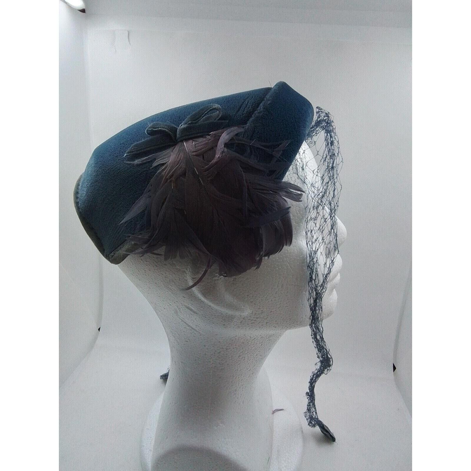Designer Ladies Blue Felt Hat With Feathers and Light purple Netting Size ONE SIZE - 5 Thumbnail