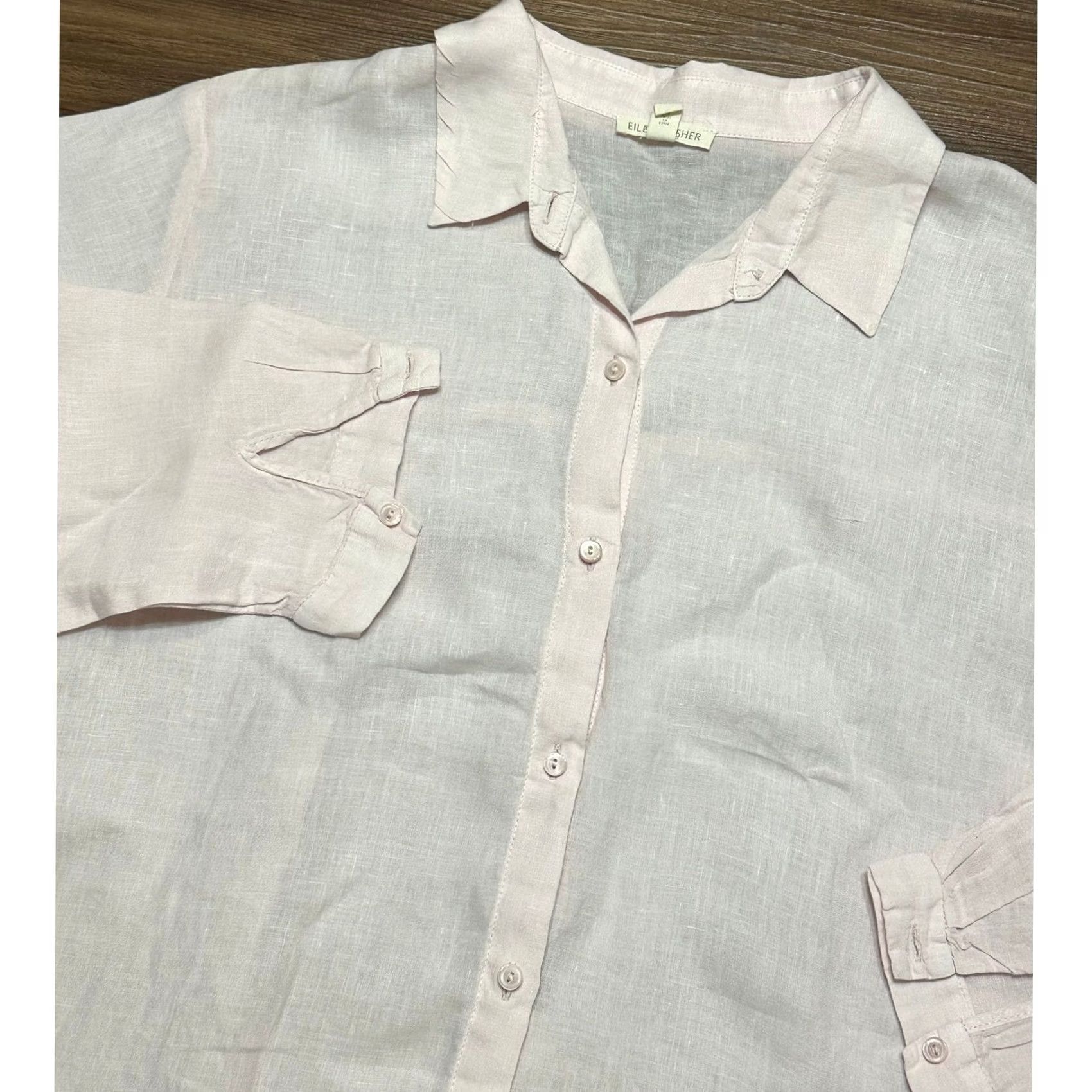 Eileen Fisher Eileen Fisher Pink Organic Linen Crinkle Classic Collar Button Up Shirt Sz L Size L / US 10 / IT 46 - 2 Thumbnail