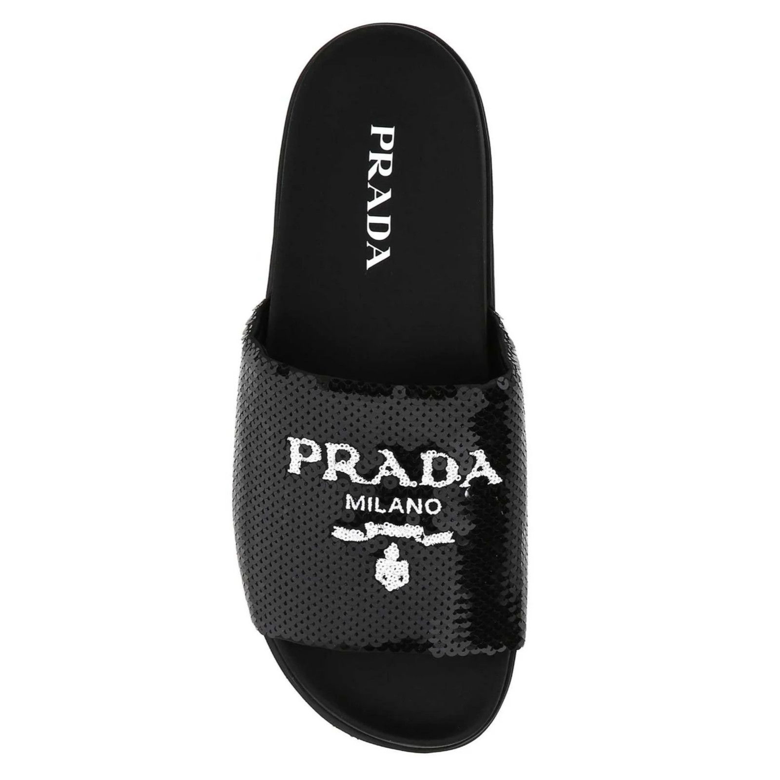 Prada Prada Black Sequin White Logo Slide Sandal Slip On Pool Size US 9 / IT 39 - 1 Thumbnail