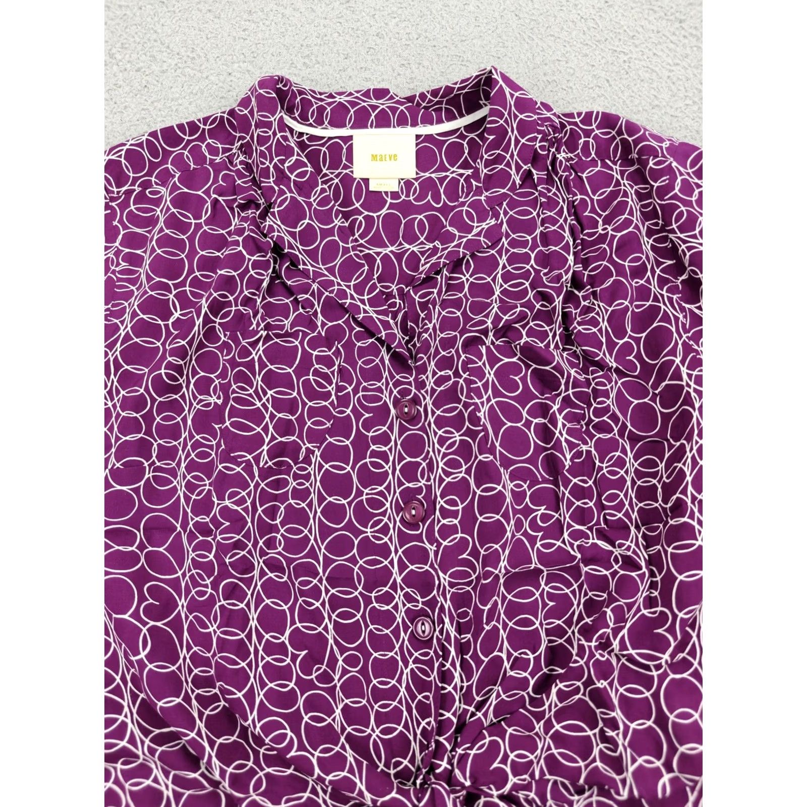 Vintage Maeve Shirt Womens Small Purple White Tie Front Blouse Button Up Abstract Print Size S / US 4 / IT 40 - 2 Thumbnail