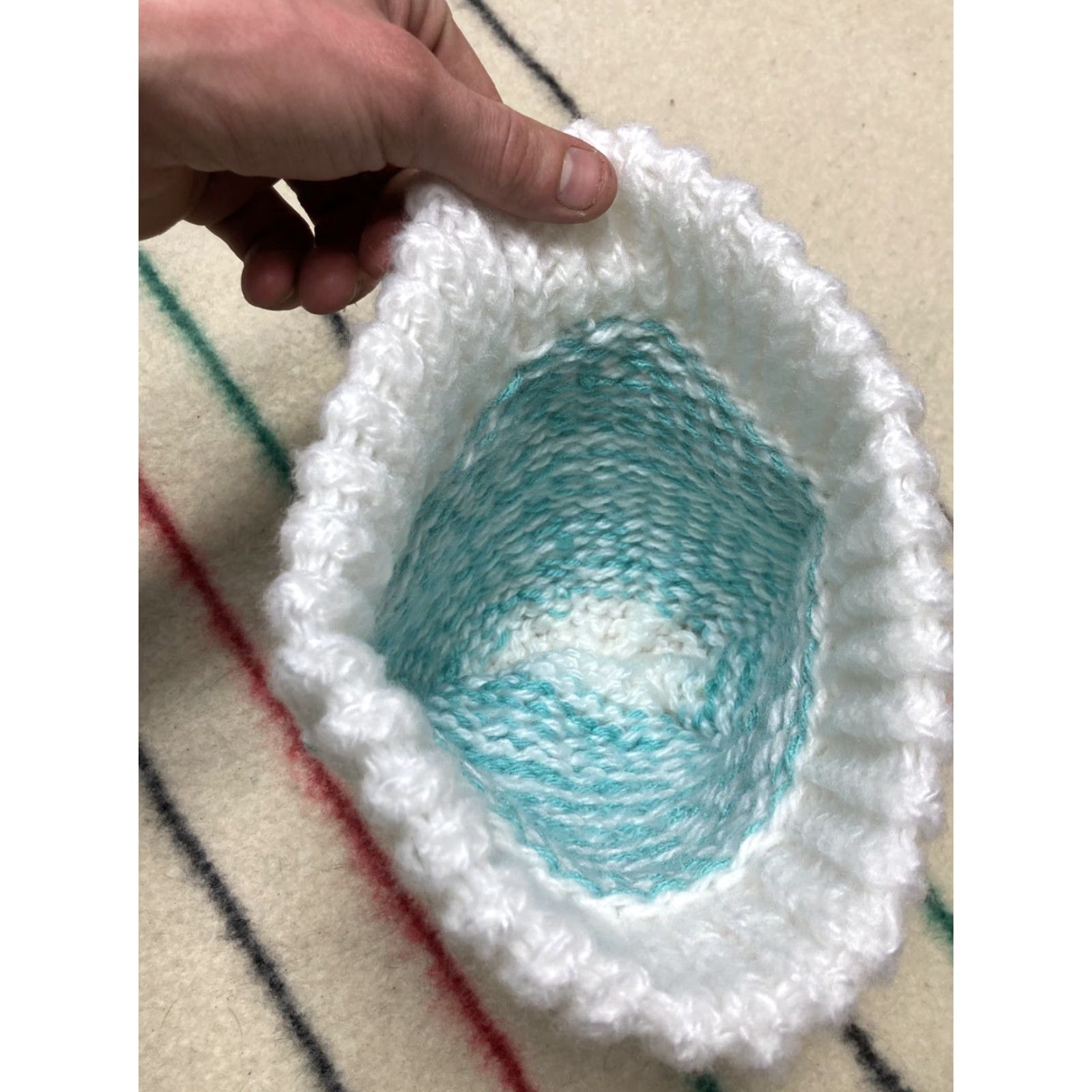 Vintage VINTAGE Crochet Beanie Hand Made Knit Light Blue Striped White Winter Snow Toboggan Beanie Womens One Size White Knit Crochet Winter Accessories Size ONE SIZE - 2 Thumbnail