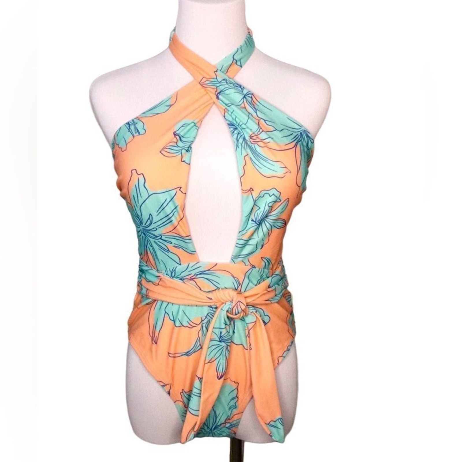 Cupshe Floral Wrap Halter One Piece Swimsuit Size Large NWT in Orange, Women's