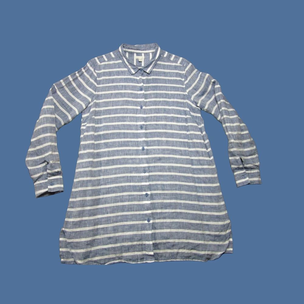 Vintage Garnet Hill Shirt Dress Womens Medium Blue White Striped Linen Button Up Collared Side Slit Casual Size M / US 6-8 / IT 42-44 - 1 Thumbnail