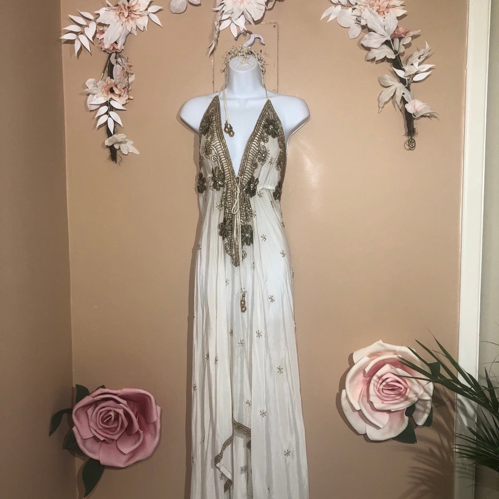 image of Beautiful Beaded Gown Beach Dress in White, Women's (Size Small)