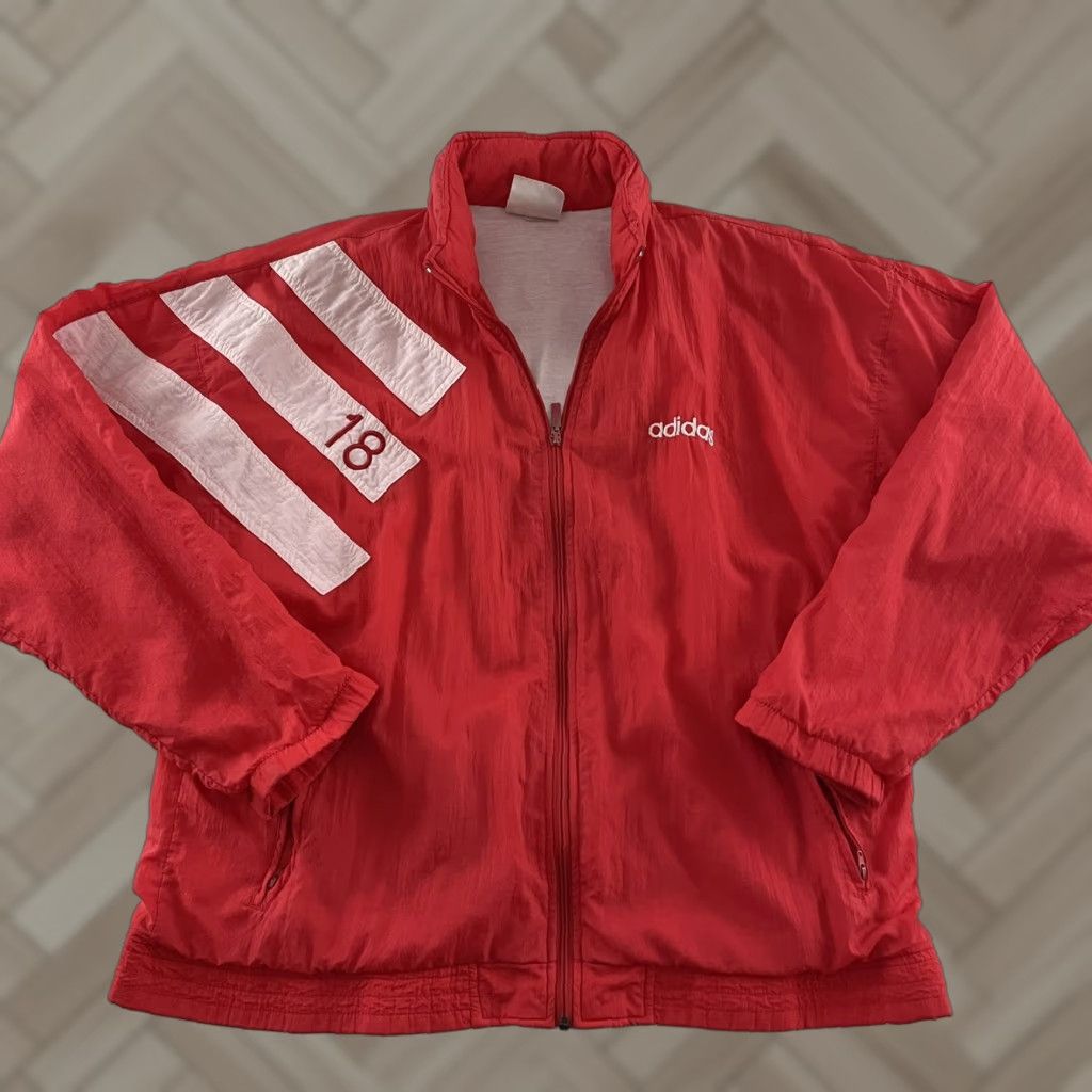 Adidas VTG Adidas Full Zip Windbreaker Jacket Hideaway Hood Mens Large Red White Jacket Size US L / EU 52-54 / 3 - 1 Thumbnail