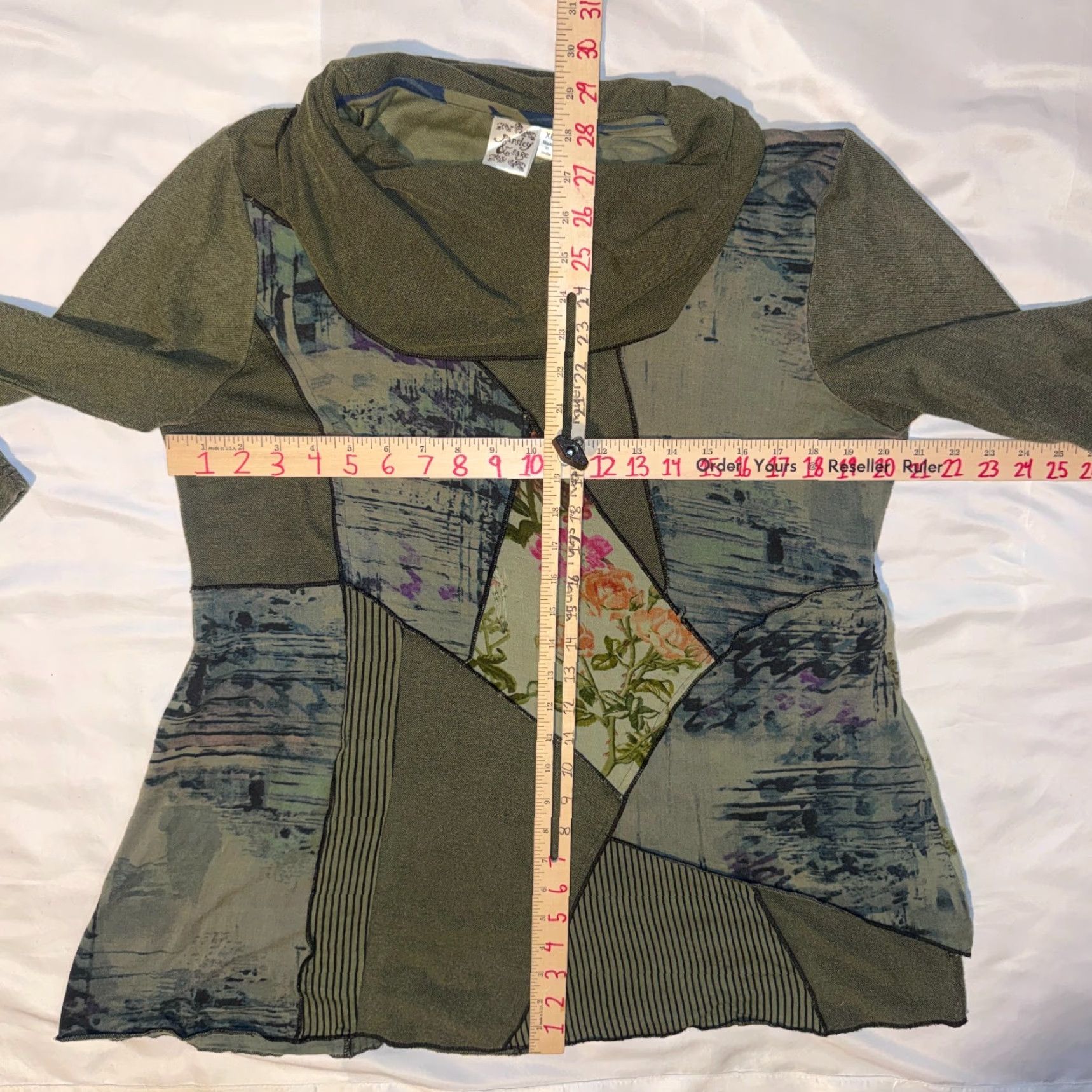 Olive Parsley & Sage Olive Patchwork Cowl Neck Tunic XL Bohemian Artsy Lagenlook Size XL / US 12-14 / IT 48-50 - 4 Thumbnail
