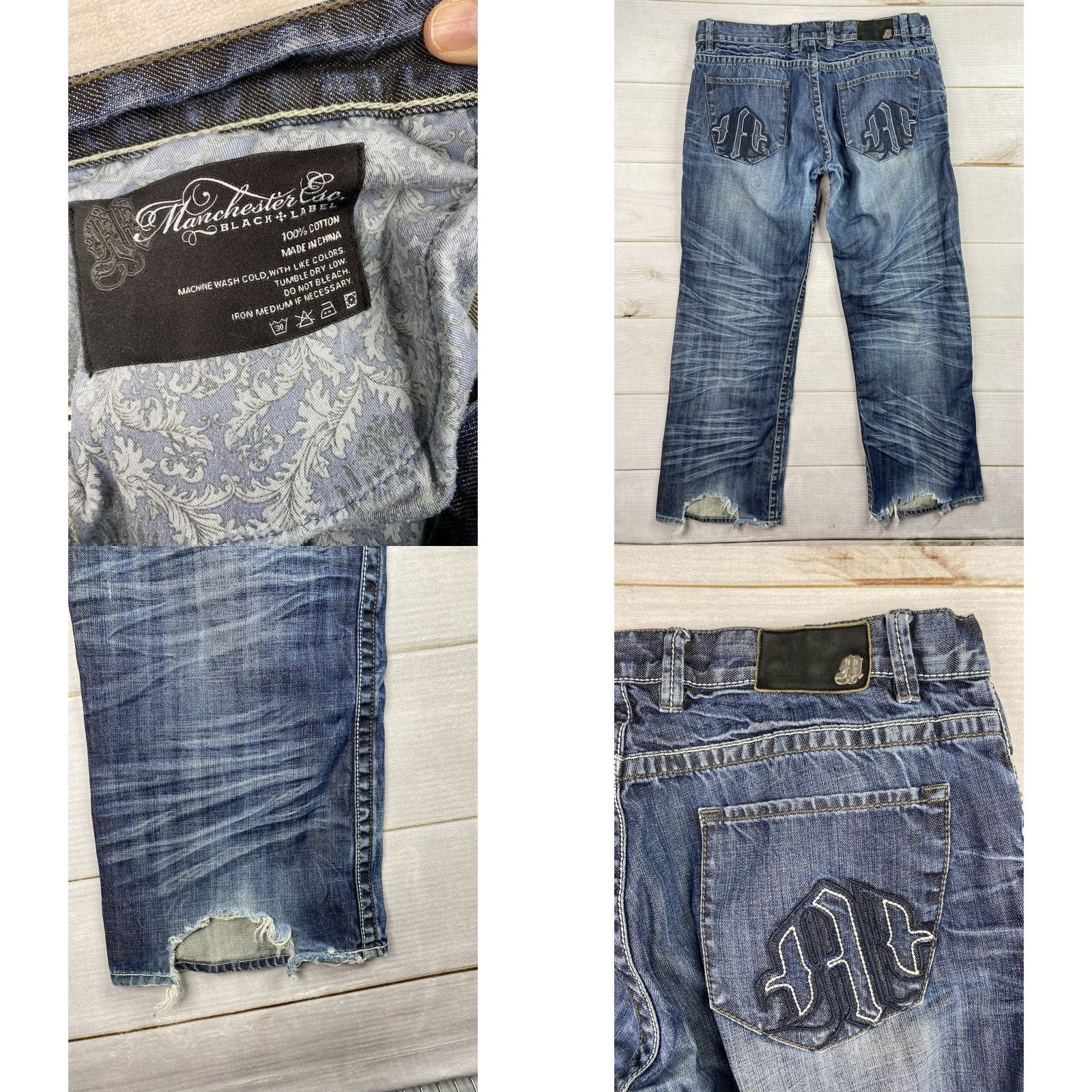 Denime Manchester Jeans Mens 38R Distressed Embroidered 5-Pocket Denim Dark Wash 100% Cotton Blue Jeans Mens Regular Size US 38 / EU 54 - 8 Thumbnail