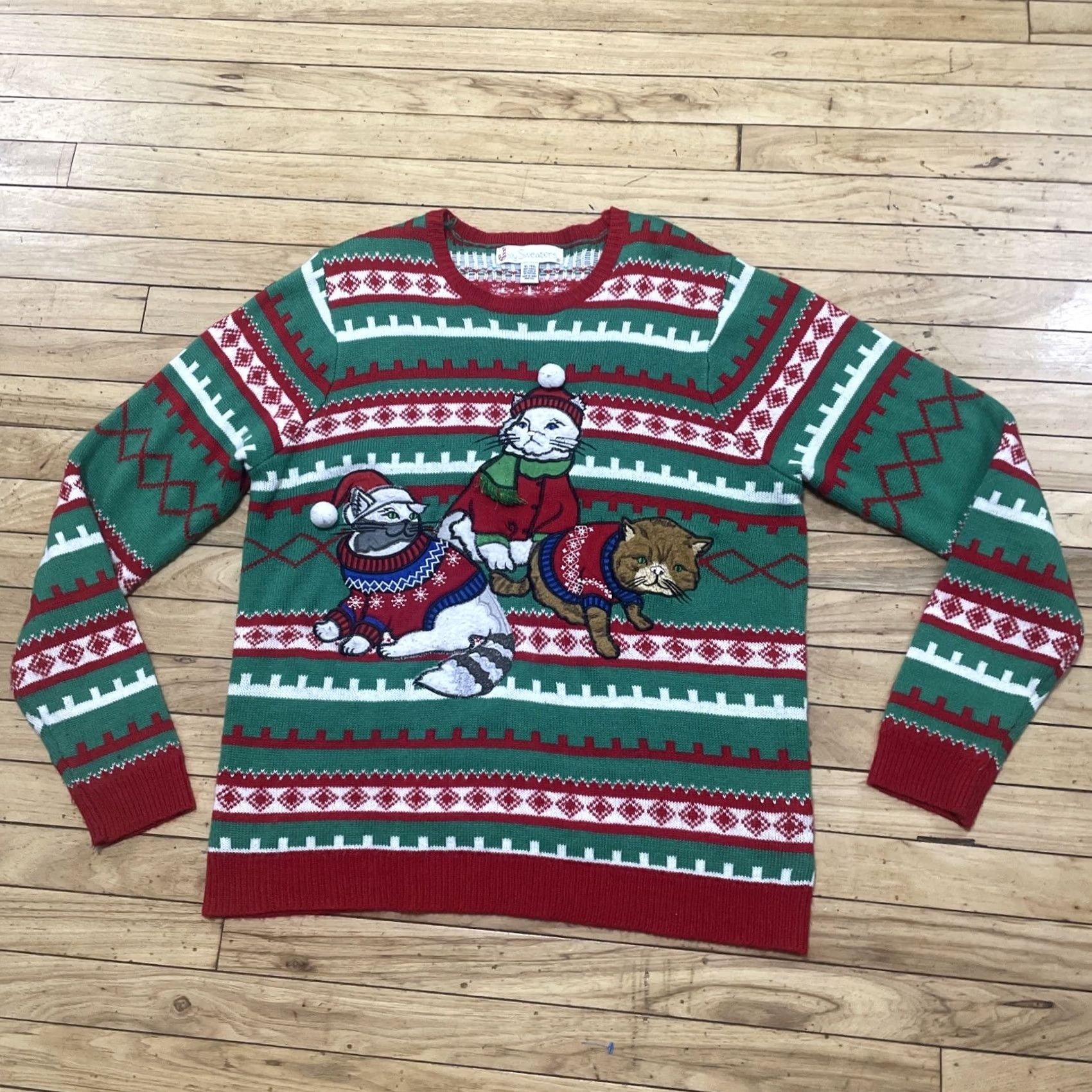 Vintage Jolly Sweaters Cat Christmas Sweater Men XL Red Green 3D Art Ugly Sweater Size US XL / EU 56 / 4 - 3 Thumbnail
