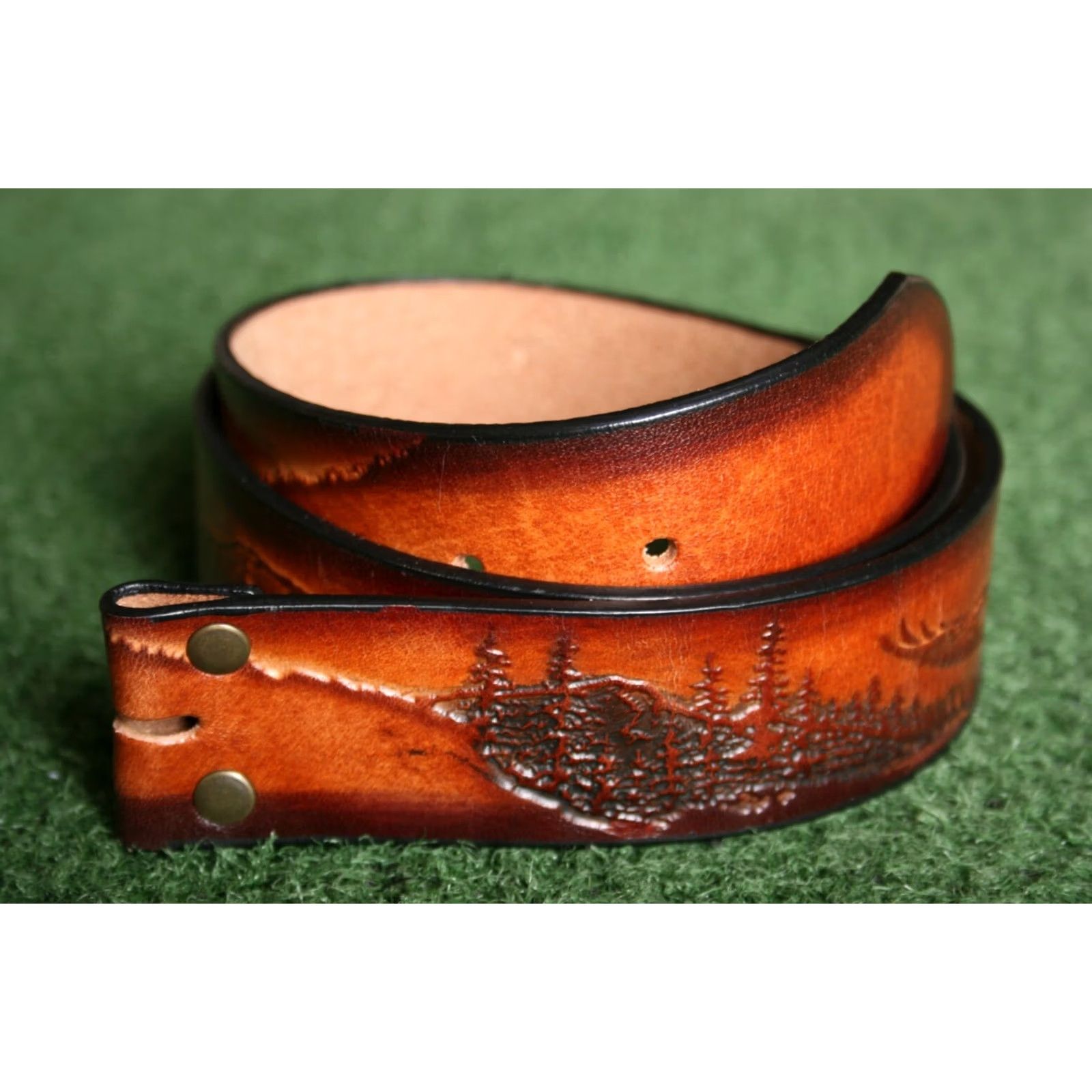 Vintage VINTAGE Leegin Eagle Leather Works British Tan Embossed Belt Sz. 28 (No Buckle) Men Leather Western Belt Size 28 British Tan Size 28 - 2 Thumbnail