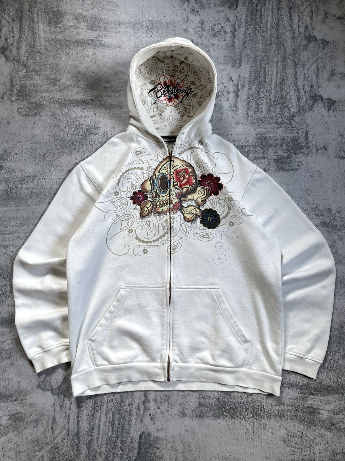 VINTAGE BILLABONG Y2K SKULLS LIKE ED HARDY RARE ZIP HOODIE