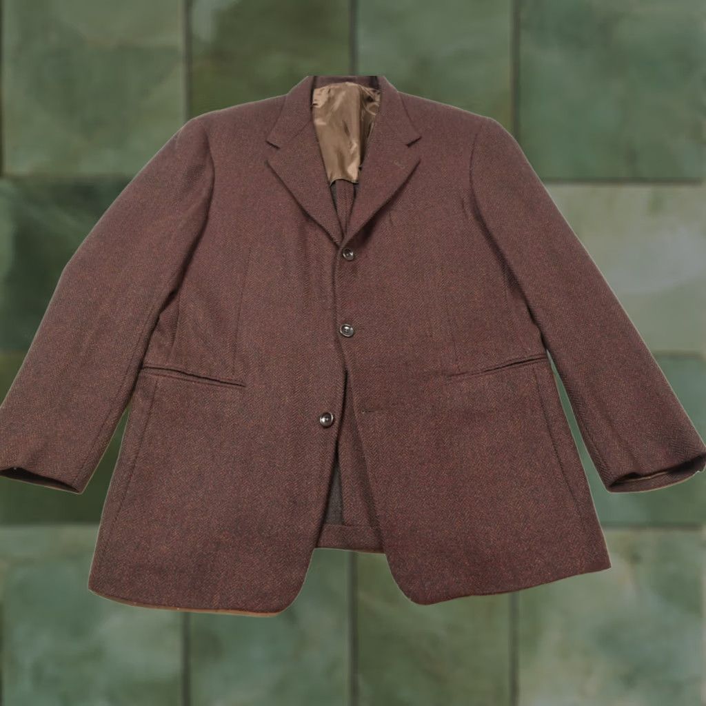 Vintage Hickey Freeman Blazer Mens 41R Maroon Herringbone Three-Button Wool Tweed Notch Lapel Single-Breasted Regular Fit Dress Coat Jacket Ensemble Size 42R - 1 Thumbnail