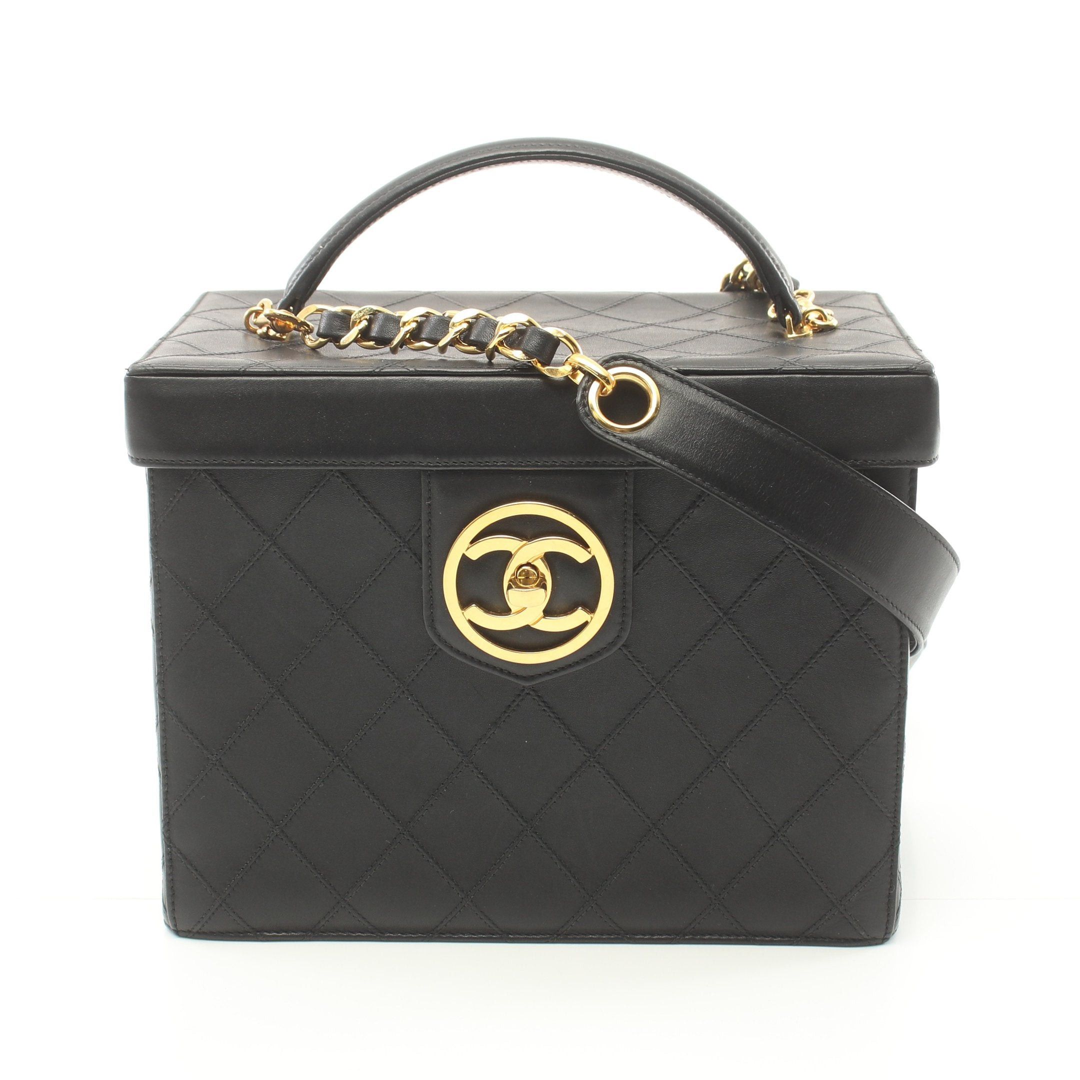 image of Chanel Bicolore Coco Mark Vanity Bag Leather Black Gold Hardware 2Way Vintage, Women's