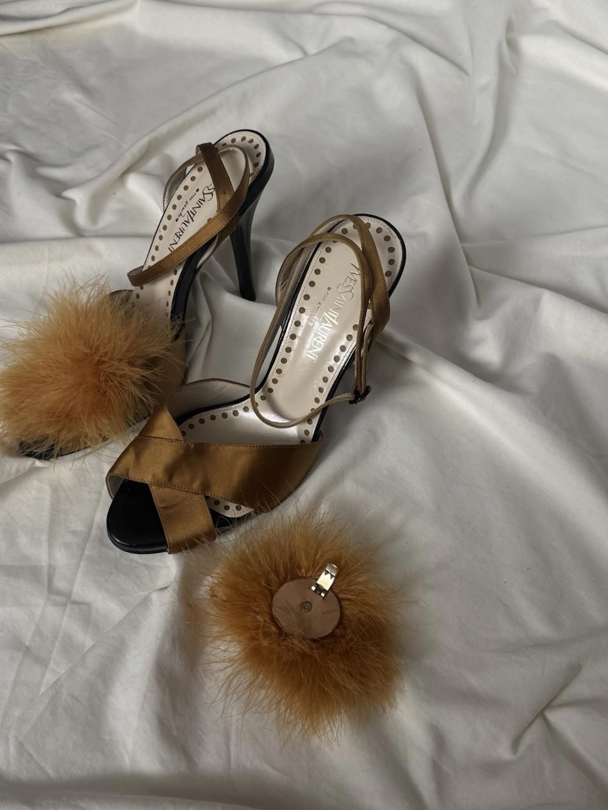 Saint Laurent Paris !NEW S/S 2005 Yves Saint Laurent Runway Satin Feather Heels Size US 7.5 / IT 37.5 - 10 Thumbnail